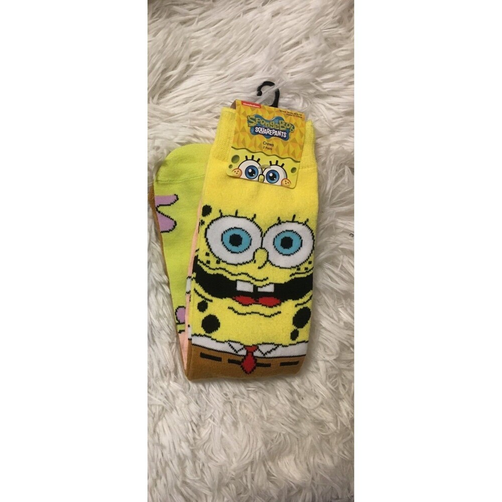Sponge Bob Square Pants 2 pairs Crew Socks Patrick & Spongebob new